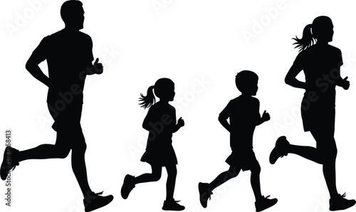 Family running together silhouette, parents and children jogging, fitness activity, healthy lifestyle, exercise teamwork, sports illustration, wellness concept