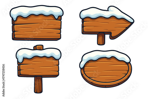 Wooden signboard set with snow cap, winter cartoon vector illustration. Rustic blank wooden signs, directional arrow & post. Empty wood plaque for Christmas seasonal design.