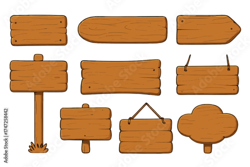Cartoon wooden signboards collection. Vector illustration set of blank rustic wooden signs with natural wood texture. Various shapes including hanging and post signs. Vector art.