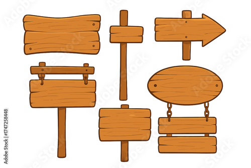 Wooden signboards collection. Set of cartoon vector signs, rustic wood planks and arrows. Empty templates for direction, information, or announcements. Old west style boards.
