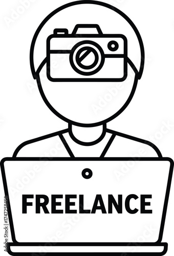 Freelance photographer concept illustration, person with camera head working on laptop, creative design symbolizing independent photography work