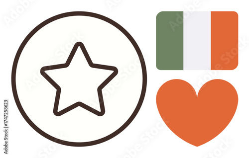 Star enclosed in a circle, Irish tricolor flag, and orange heart symbolizing admiration, pride, and affection. Ideal for culture, patriotism, celebration, recognition travel branding
