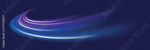 Blue light trail, wave speed, trace line twirl. Abstract light lines of movement and speed with white color glitters
