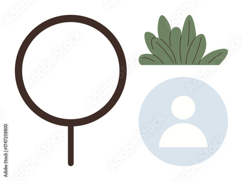 Magnifying glass alongside user icon and leafy design creating a minimalistic theme. Ideal for recruitment, data search, online profile, job hunt, personal growth, user interaction, simple flat