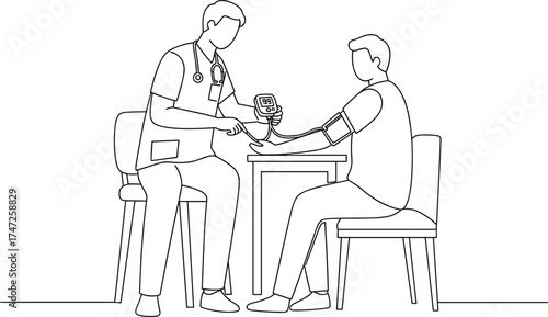 Doctor checking patient blood pressure, healthcare consultation, medical examination, hospital visit, nurse using sphygmomanometer device