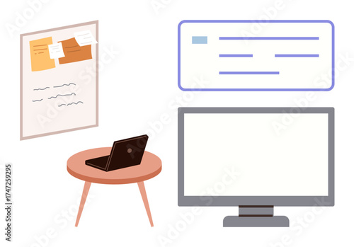 Laptop placed on a wooden table beside a blank monitor, whiteboard with notes, and a presentation panel. Ideal for teamwork, education, planning, productivity, communication, remote work simple flat