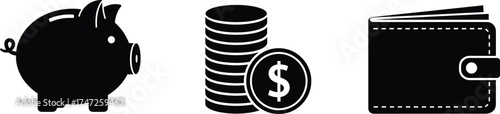 Piggy bank, stack of coins, and wallet icons, personal finance concept, saving money, currency, financial management illustration