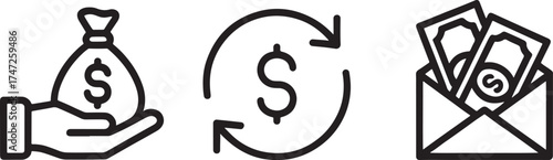 Financial icons showing money bag exchange and envelope finance cash