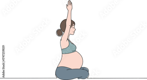 Prenatal yoga, pregnant person stretching, cross-legged pose, fitness during pregnancy, calm exercise, sportswear, wellness, illustration, white background