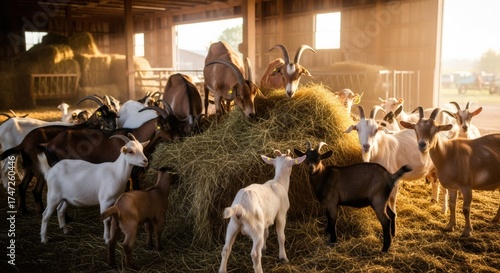 Herd of goats eating hay in a rustic barn. Livestock feeding on a farm during golden hour. Agriculture and animal husbandry scene