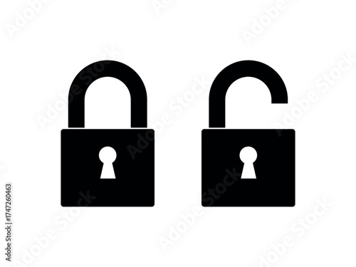 Vector icon of lock and unlock symbols. Open and closed padlock on white background. Security, privacy, and protection concept.