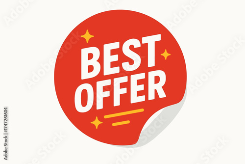 Red best offer sticker with decorative stars and curled edge
