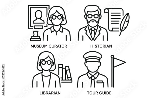 Line art: museum curator, historian, librarian, tour guide icons