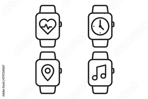 Line art icons of smartwatch functions: heart rate, clock, gps, music