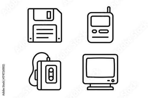 Retro technology icons: floppy disk, pager, cassette player, crt monitor