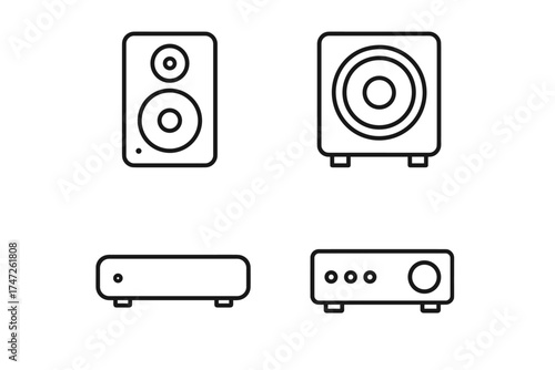 Minimalist audio equipment icons: speaker, subwoofer, amplifier in black outline