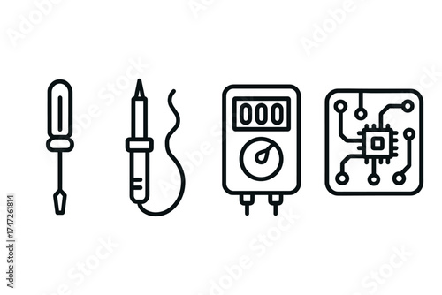 Outline icon set of electronics tool: screwdriver, soldering iron, multimeter, circuit board