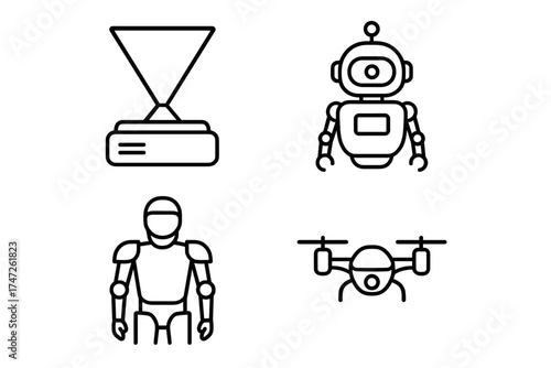 Futuristic technology line icons: trophy, robot, cyborg, drone