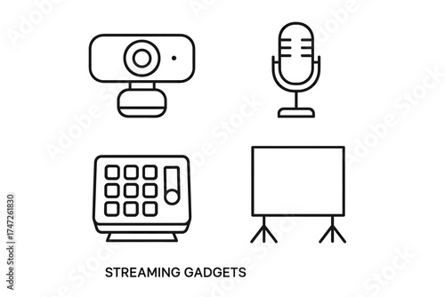 Essential streaming gadgets: webcam, microphone, mixer, screen icons