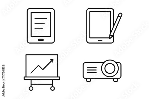 Digital devices: tablet, e-reader, projector, and screen icon set for presentations