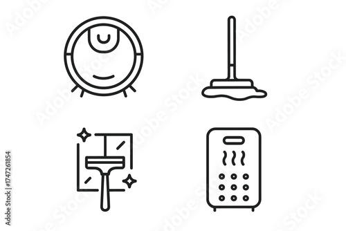 Home cleaning icons: robot vacuum, mop, window squeegee, dehumidifier