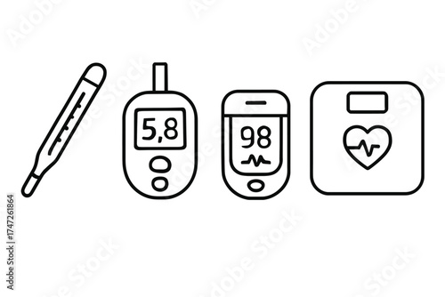 Medical devices set: thermometer, glucometer, heart rate monitor, scale with heart icon