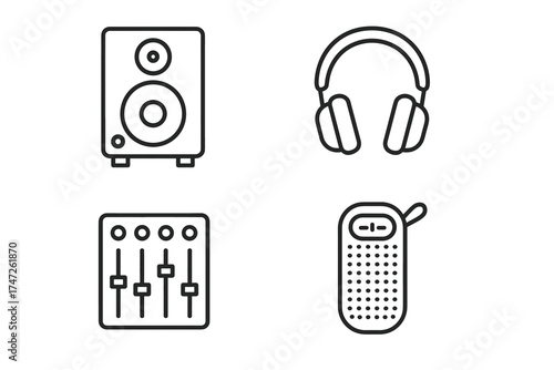 Outlined audio equipment set: speaker, headphones, sound mixer, portable radio