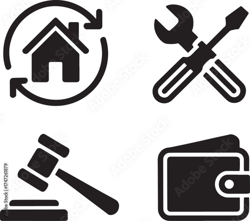 Four Black Icons Showing House Repair Auction and Wallet On White Background Keywords: home, house