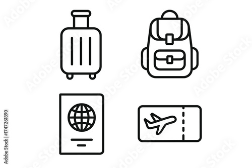 Travel essentials: luggage, backpack, passport, and ticket icons