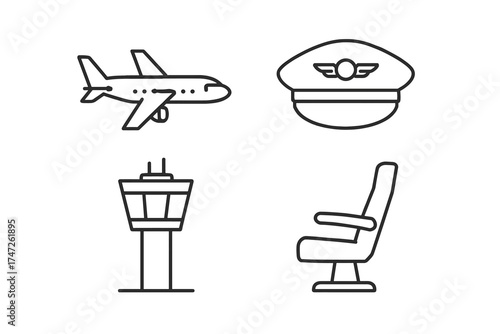 Airplane, pilot hat, control tower, and seat icons - aviation line art set