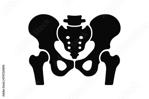 Black silhouette of human pelvis with spine on white background