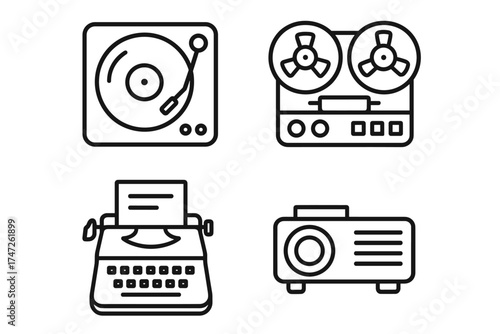 Vintage technology icons featuring turntable, reel-to-reel recorder, typewriter, and projector
