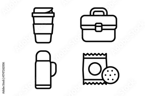 Minimalist icons of coffee cup, briefcase, thermos flask, and cookie pack