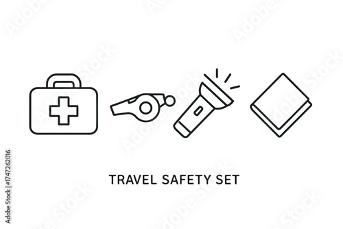 Travel safety essentials kit: first aid, whistle, flashlight, blanket icons