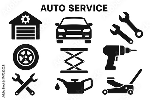 Auto service icons: car, tools, garage, tire, lift, oil, wrench, drill