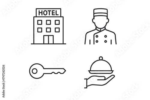 Hotel services icon set: building, concierge, key, room service