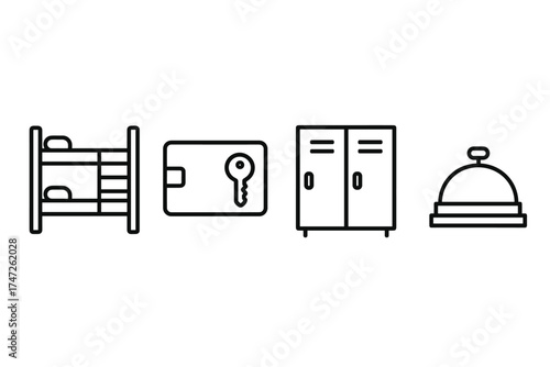 Hostel essentials: bunk bed, key card, locker, reception bell icons