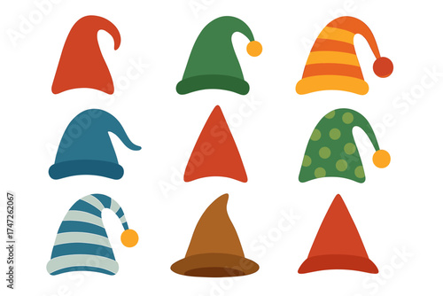 Colorful assorted elf hats collection: striped, polka dot, pointed designs