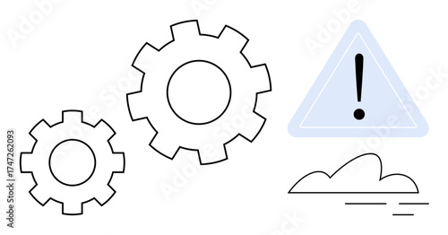 Two cogwheels, warning triangle with exclamation mark, and cloud. Ideal for process alert, system maintenance, automation, troubleshooting, connectivity cloud computing operational flow. Simple