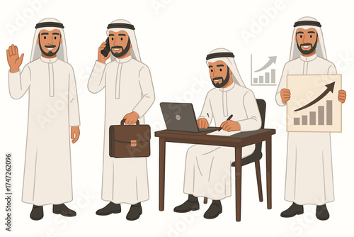 Arab businessman in traditional attire: communication, work, and presentation activities