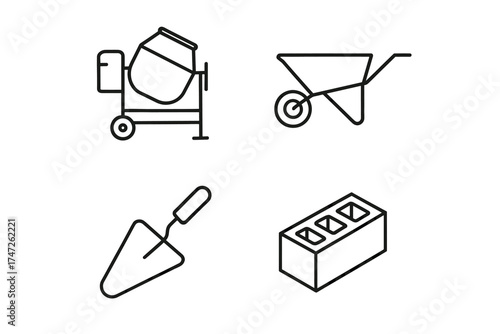 Construction icons: cement mixer, wheelbarrow, trowel, and brick on white background