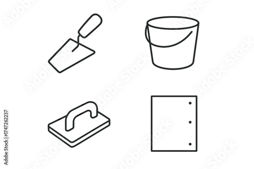 Minimalist construction tools icons - trowel, bucket, float, drywall