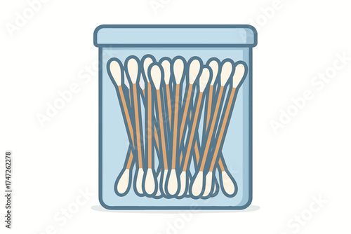 Container of cotton swabs with blue lid on white background illustration