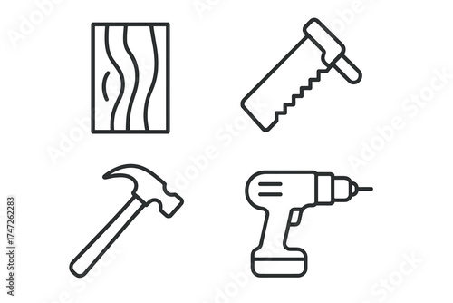 Outline icons of wood, saw, hammer, and drill illustrating basic construction tools