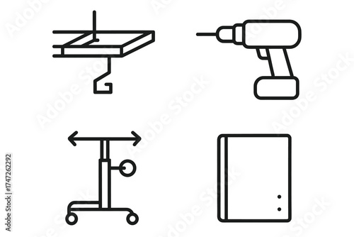 Set of four minimalist tool icons: painter, drill, stand, cabinet