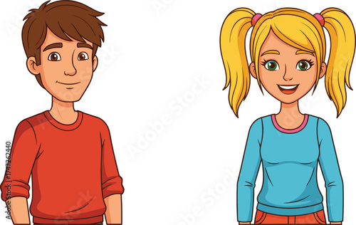 Cartoon boy and girl characters smiling together, colorful clothing, friendly illustration, children design, educational, playful, character art