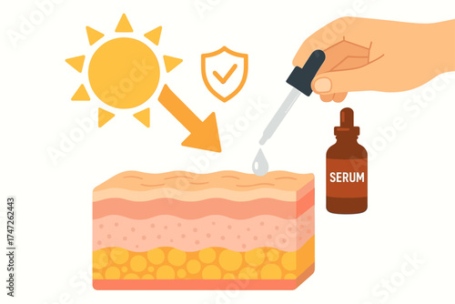 Illustration of skincare serum application for sun protection and skin health