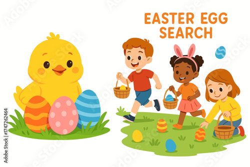 Kids easter egg hunt with cute chick and colorful eggs in spring