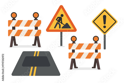 Road construction signs and barriers with caution symbols