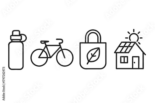 Eco-friendly icons: water bottle, bicycle, reusable bag, solar home